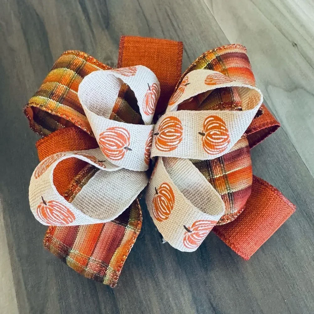 Handmade Fall Autumn Plaid Pumpkin Ribbon Bow